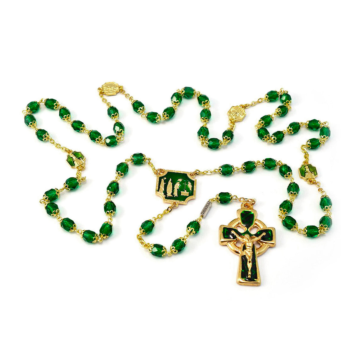 Knock Apparition Celtic Emerald & Gold Rosary - 7mm