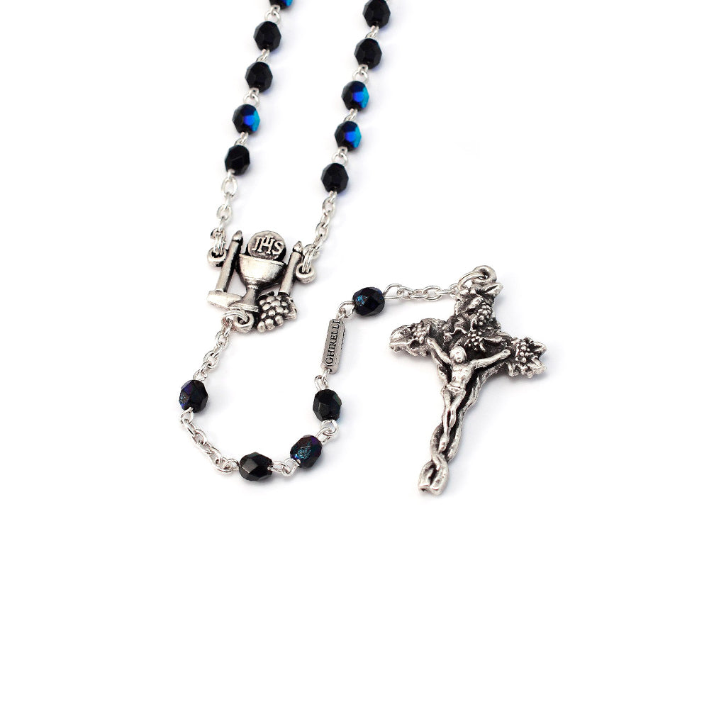 Holy Communion Black Aurora Borealis & Silver Vine Rosary