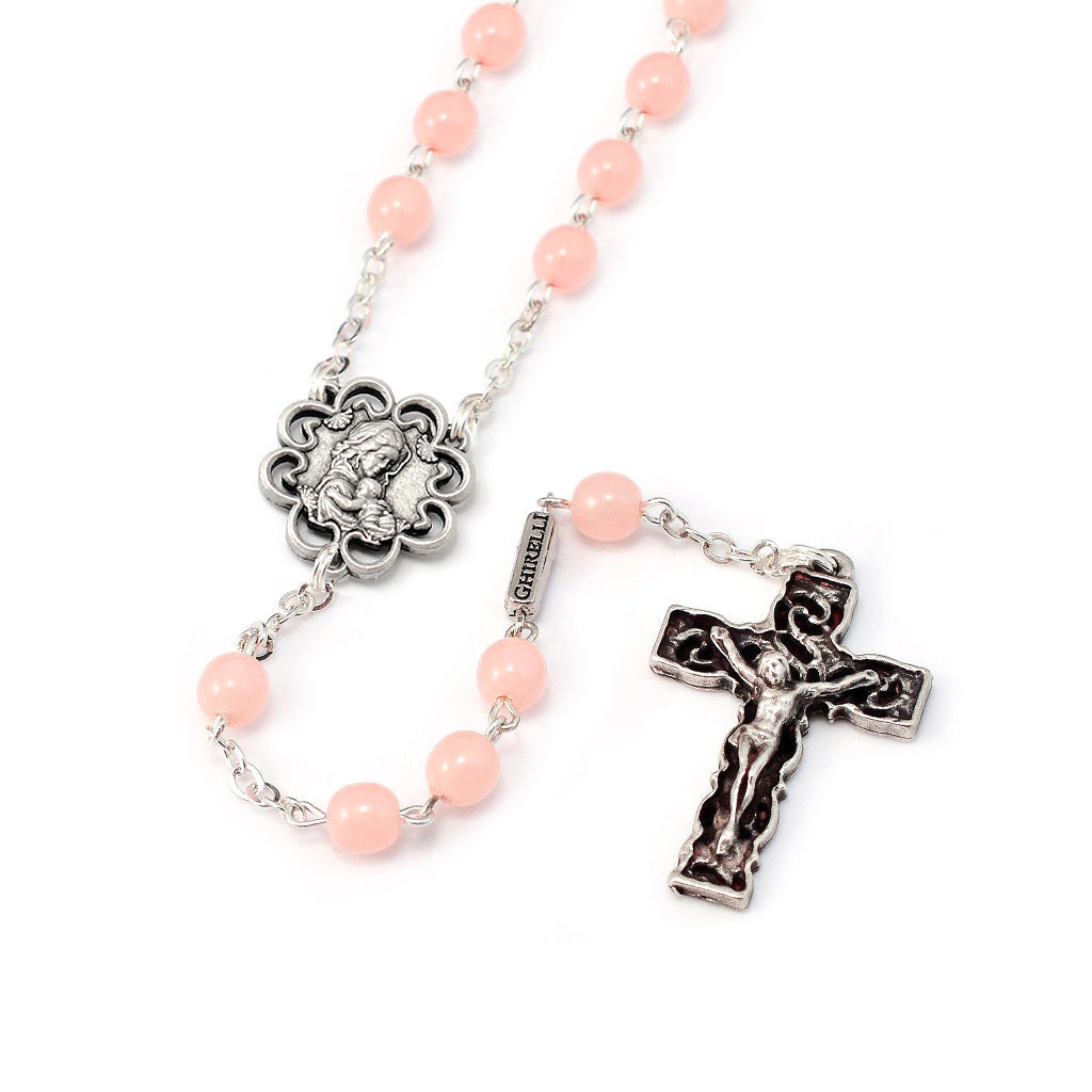 Mary's Motherly Love Collection Blush & Antique Silver Rosary