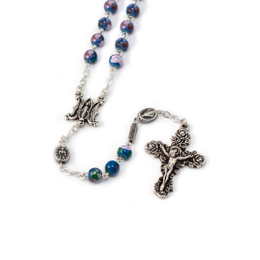 Miraculous Medal Blue Floral & Roses Rosary