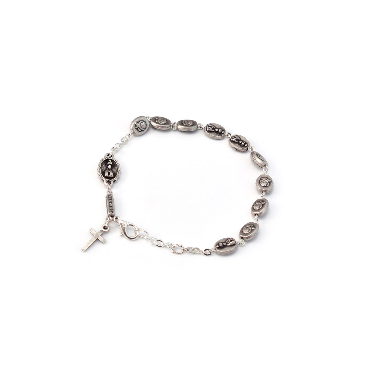 A silver-plated Our Lady of Fatima bracelet featuring metal beads with apparition motifs and a cross pendant.