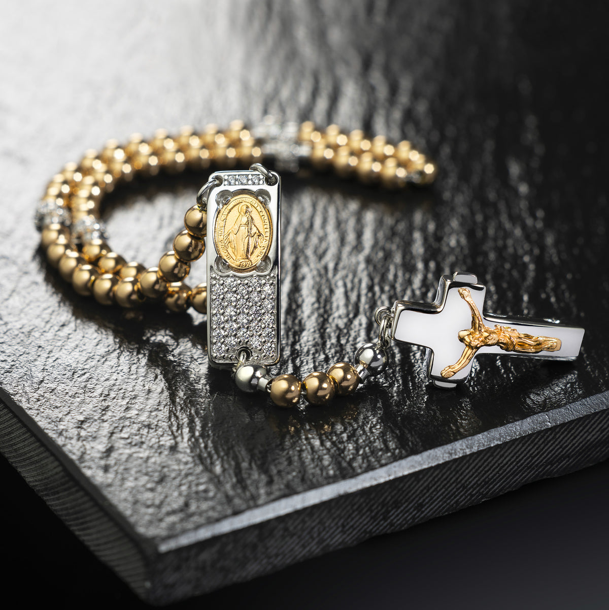 ROSALET® ROUND GOLD BEADS, STERLING SILVER & PAVE PATER, ROSARY CENTER WITH ZIRCON PAVE, TRADITIONAL