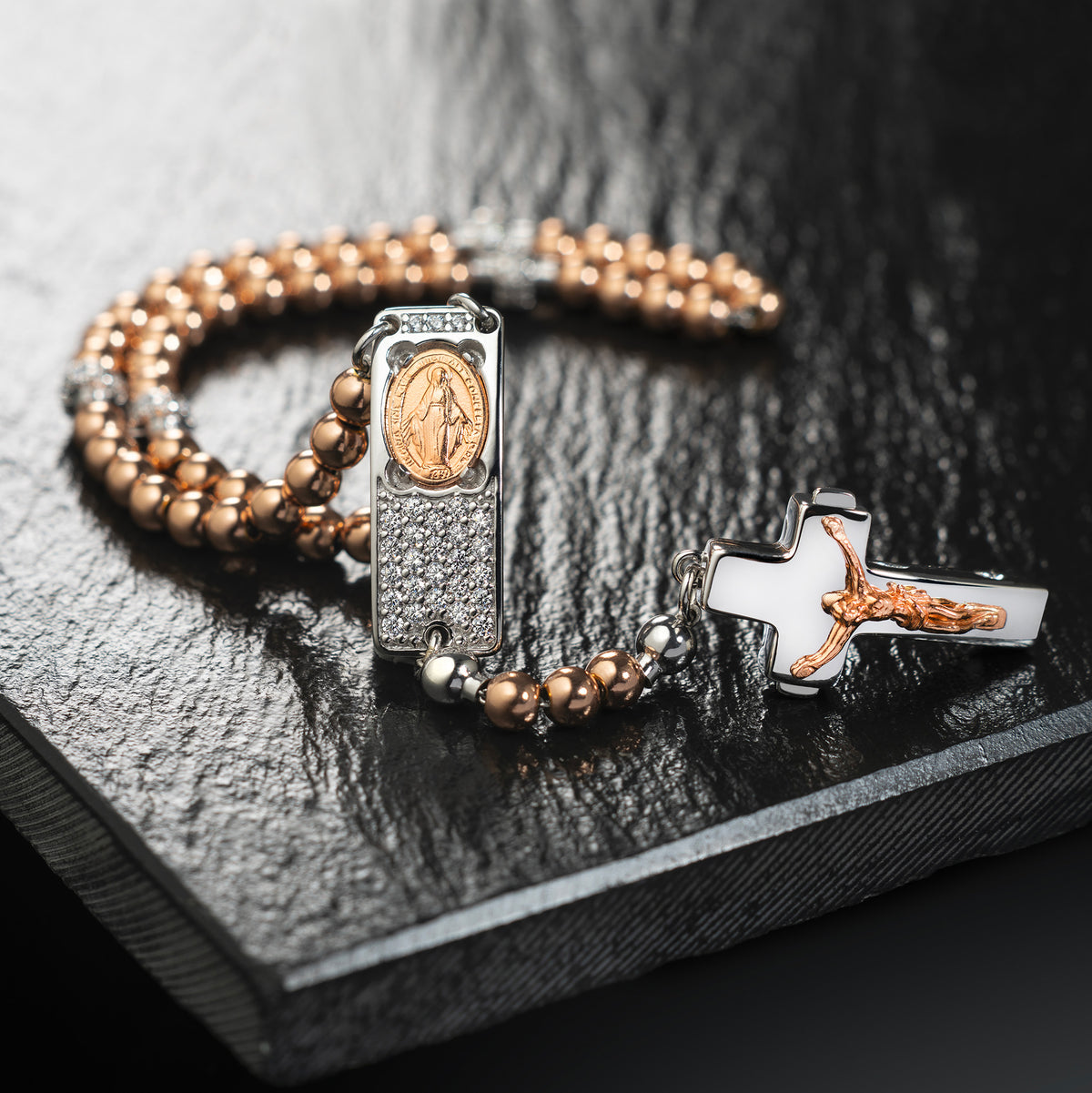 ROSALET® ROUND ROSE GOLD BEADS, STERLING SILVER & PAVE PATER, ROSARY CENTER WITH ZIRCON PAVE, TRADITIONAL