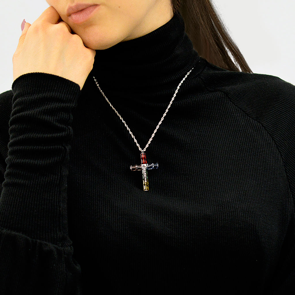 Multicolor Crystal Cross Pendant with Sterling Silver