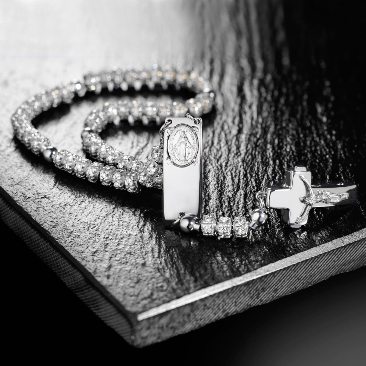 ROSALET® FULLY PAVE RHODIUM BEADS , STERLING SILVER & ROUND PATER, TRADITIONAL