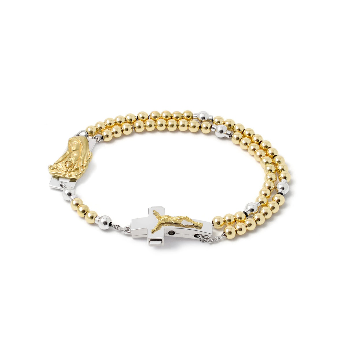 Two-toned gold and silver bracelet with a cross on a white background