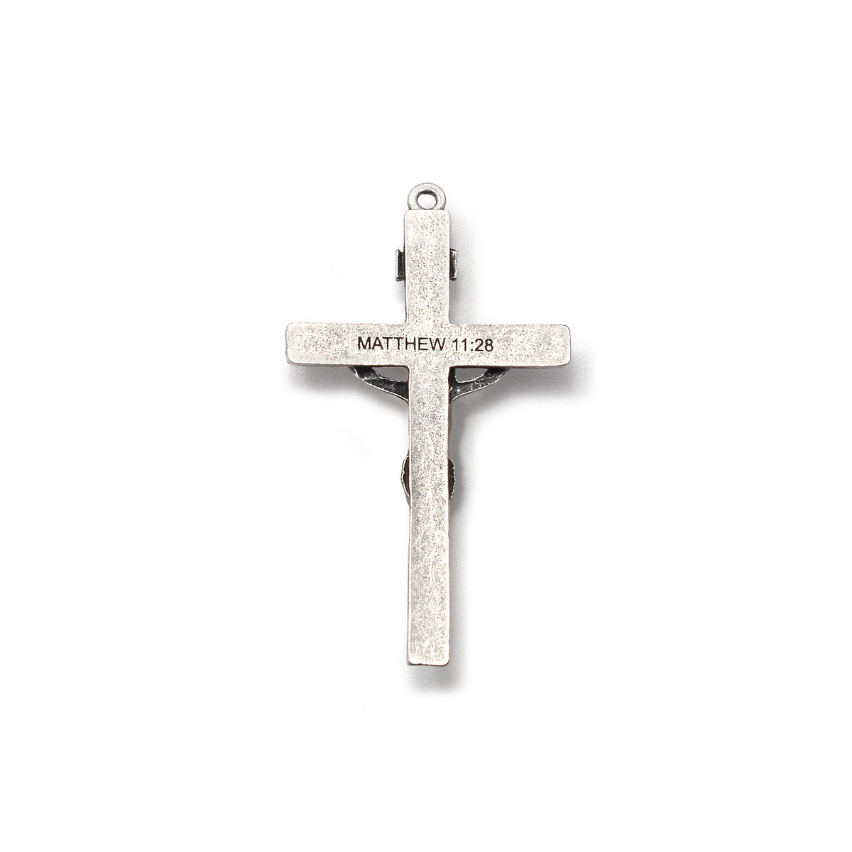 Close-up of the Hallow® rosary crucifix in antique silver finish, featuring Jesus in minimalist design.