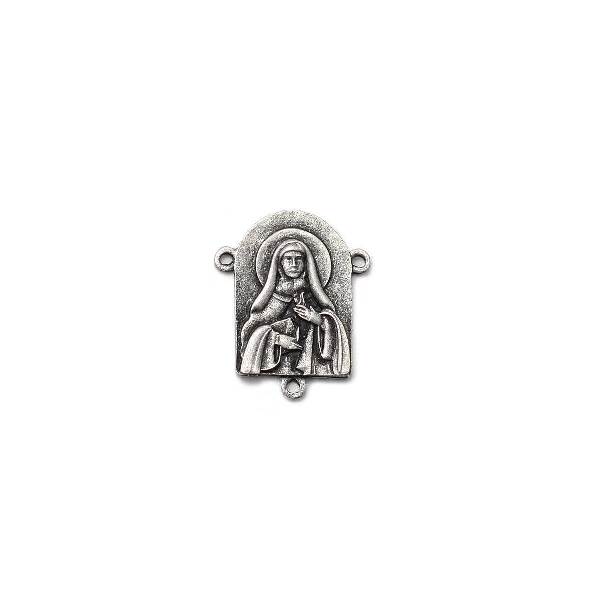 Detailed view of the St. Teresa of Avila centerpiece on the Hallow® rosary, antique silver with fine relief.