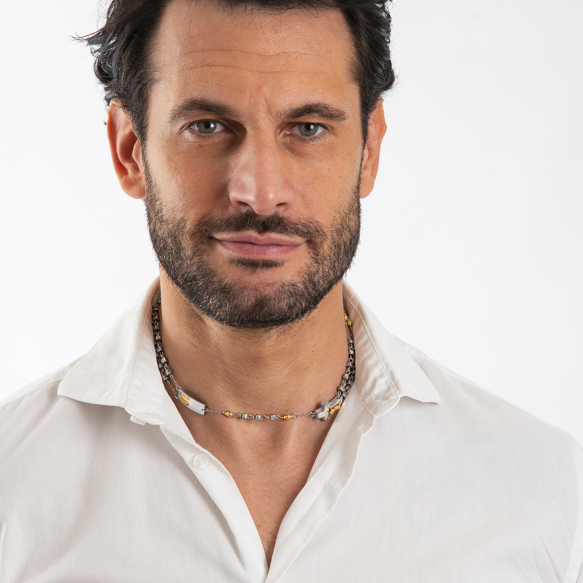 ROSALET® NECKLACE SQUARE SILVER HEMATITE BEADS, STERLING SILVER & GOLD PATER