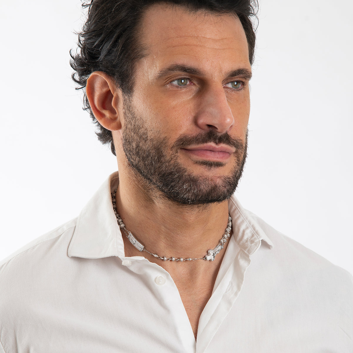 ROSALET® NECKLACE FULLY PAVE RHODIUM BEADS , STERLING SILVER & ROUND PATER, ROSARY CENTER WITH ZIRCON PAVE