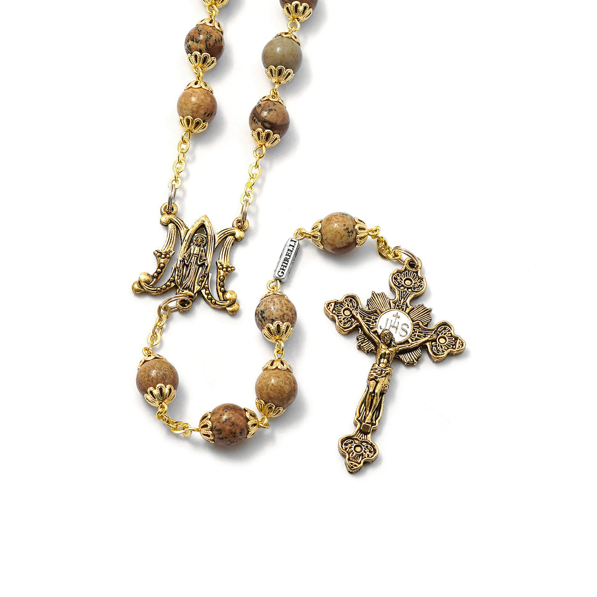 Our Lady of the Miraculous Medal Rosary in Antique Gold with Natural Jasper Stone