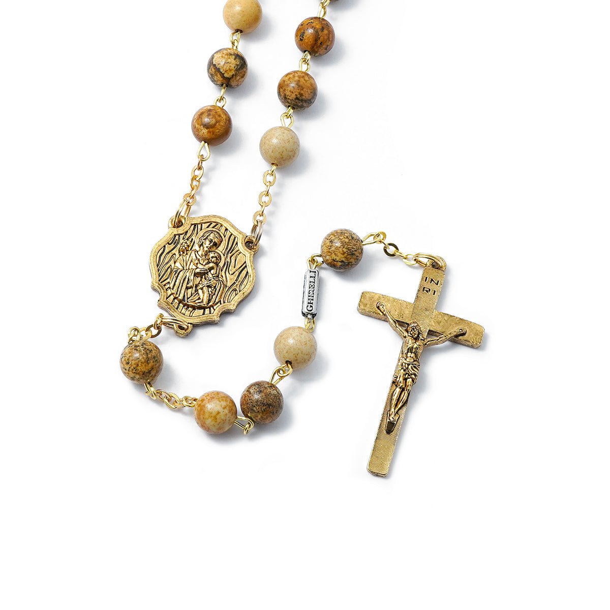 Saint Joseph Rosary in Gold with Natural Jasper Stone