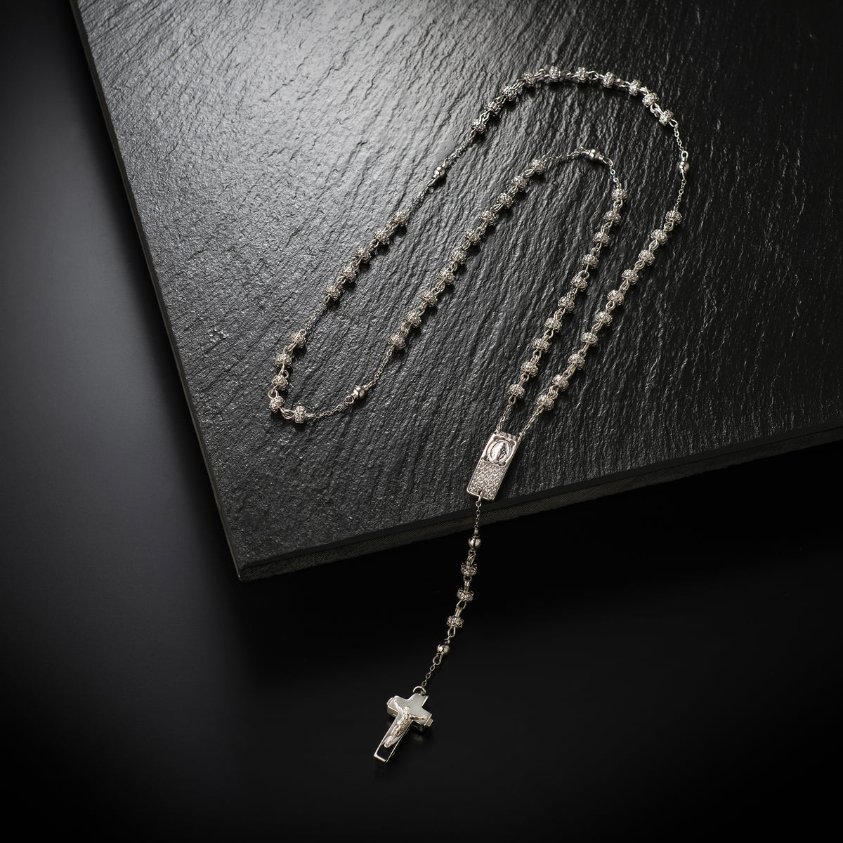 ROSALET® NECKLACE FULLY PAVE RHODIUM BEADS , STERLING SILVER & ROUND PATER, ROSARY CENTER WITH ZIRCON PAVE