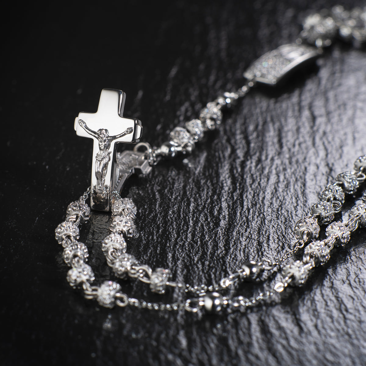ROSALET® NECKLACE FULLY PAVE RHODIUM BEADS , STERLING SILVER & ROUND PATER, ROSARY CENTER WITH ZIRCON PAVE
