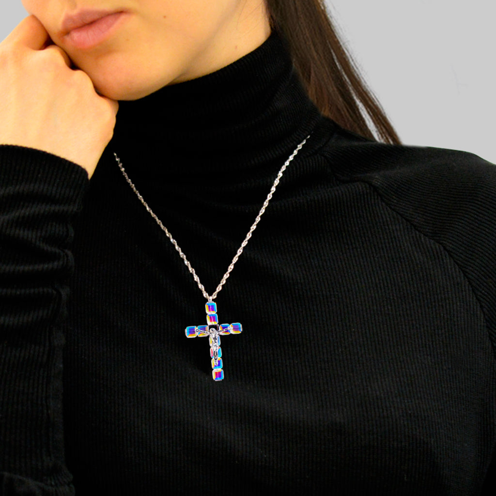 Aurora Borealis Crystal Cross Pendant with Sterling Silver