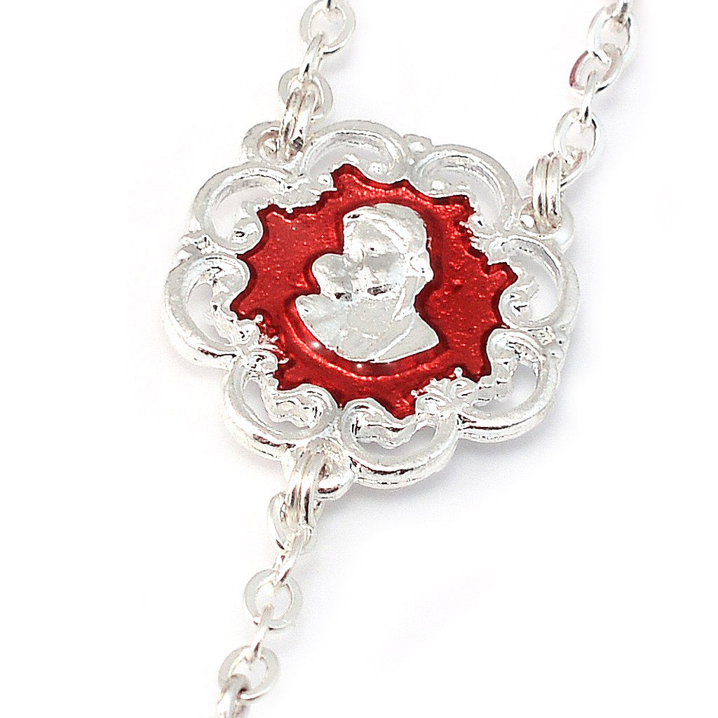 Mary's Motherly Love Collection Aurora Borealis Red & Silver Rosary