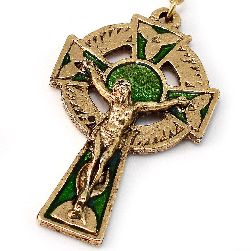 Saint Patrick Green Enamel, Faceted Glass & Gold Rosary