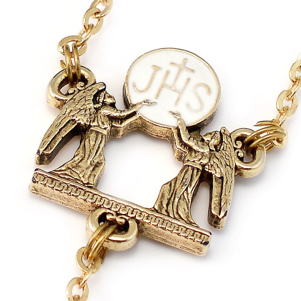 Holy Communion Eucharistic Pearl & Gold Rosary