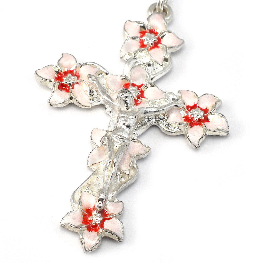 Lourdes Lily White, Red & Silver Enameled Rosary