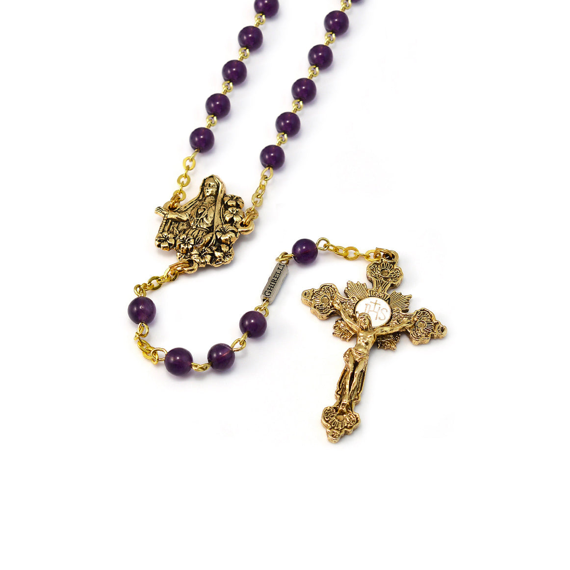 Fatima Lily Amethyst & Gold Rosary