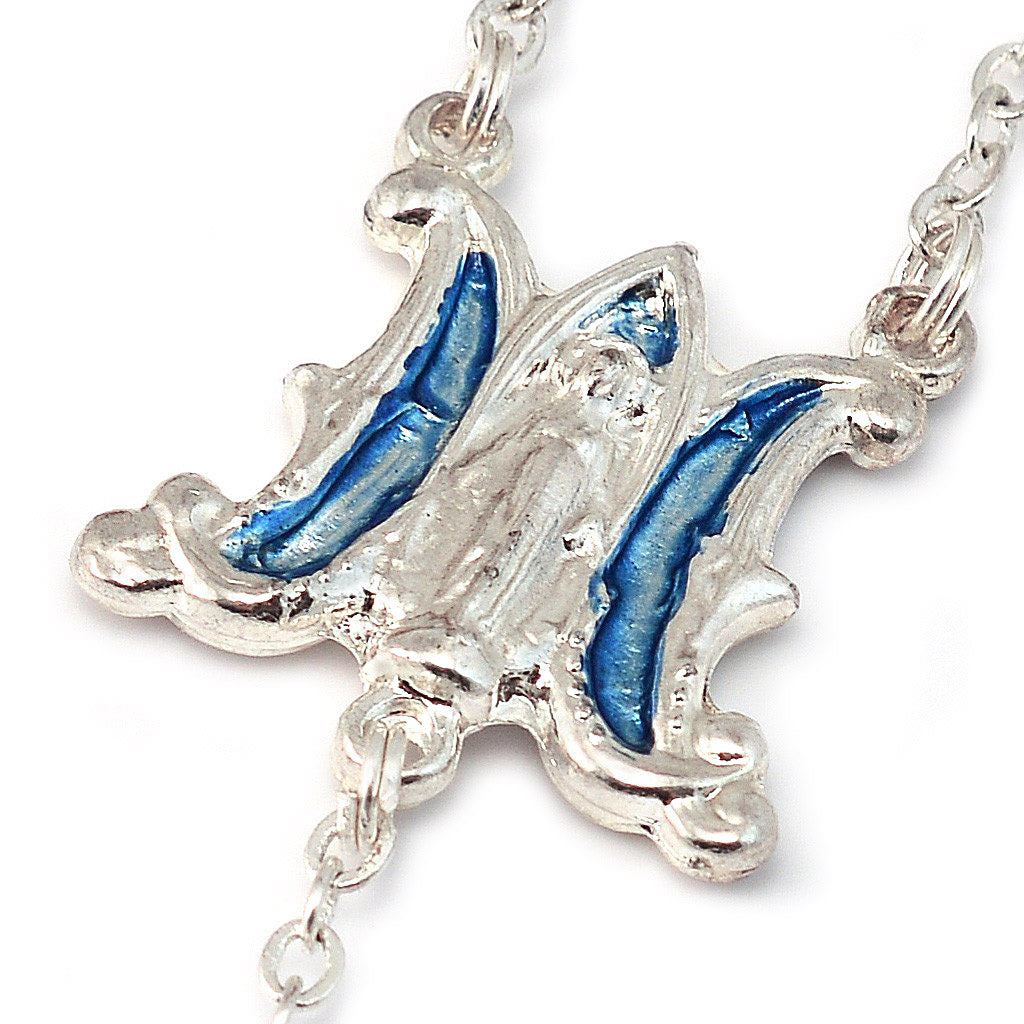 Miraculous Medal Sky Blue Enamel & Polished Silver Rosary