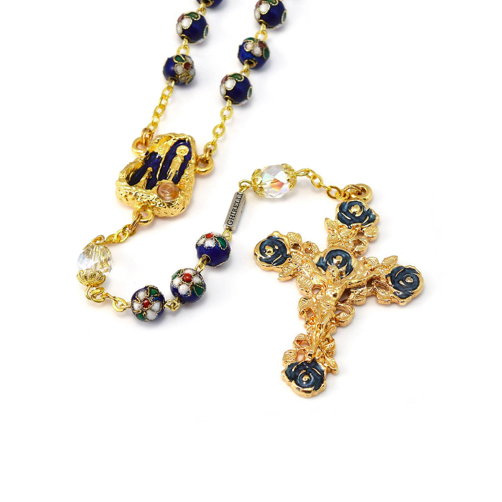 Lourdes Grotto Cloisonne Floral & Gold Rosary