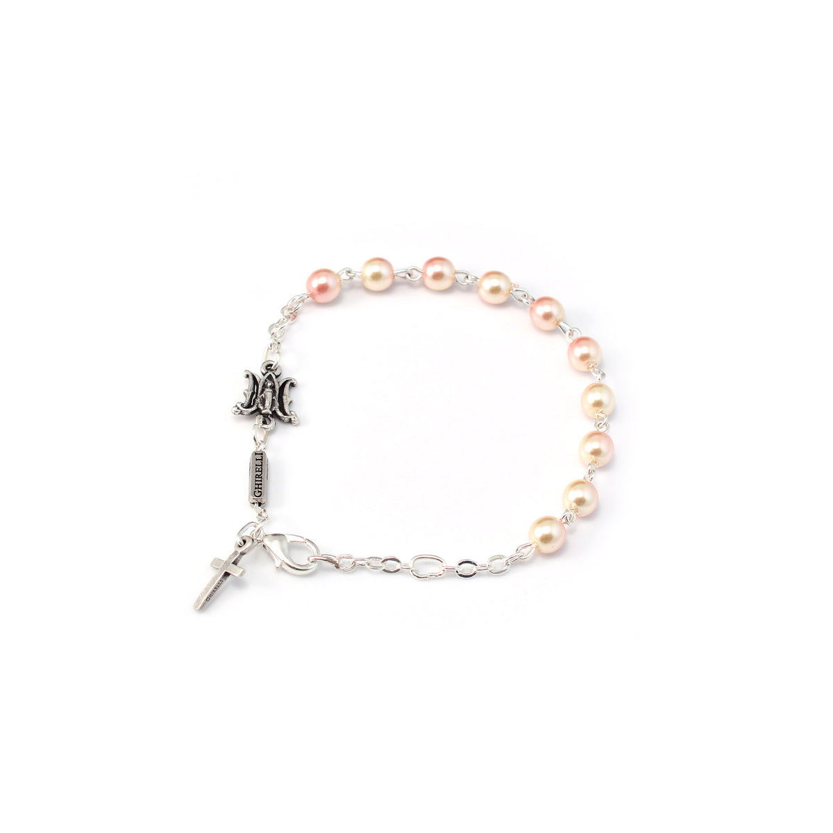 A bracelet with pink Bohemian glass beads and silver plated finish featuring the Miraculous Medal.