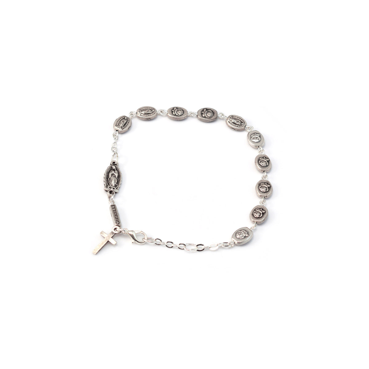 A bracelet with antique silver plated metal beads, featuring the image of Our Lady of Guadalupe and a Castilian rosebud on the reverse side, and a silver plated cross pendant.