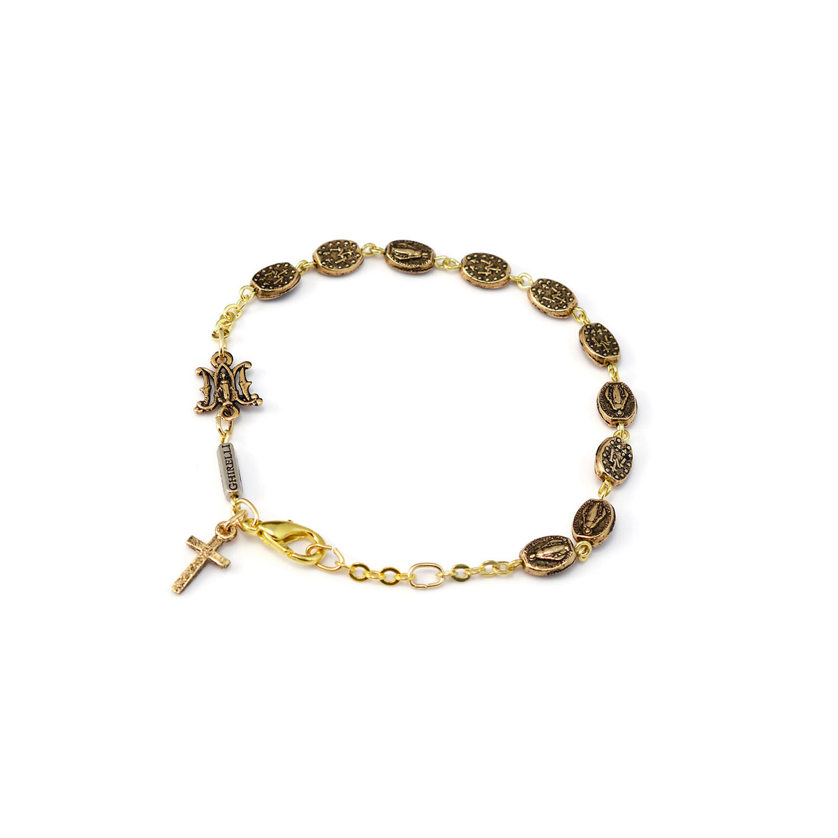 A gold-plated bracelet featuring the Miraculous Medal with metal beads and a cross pendant.