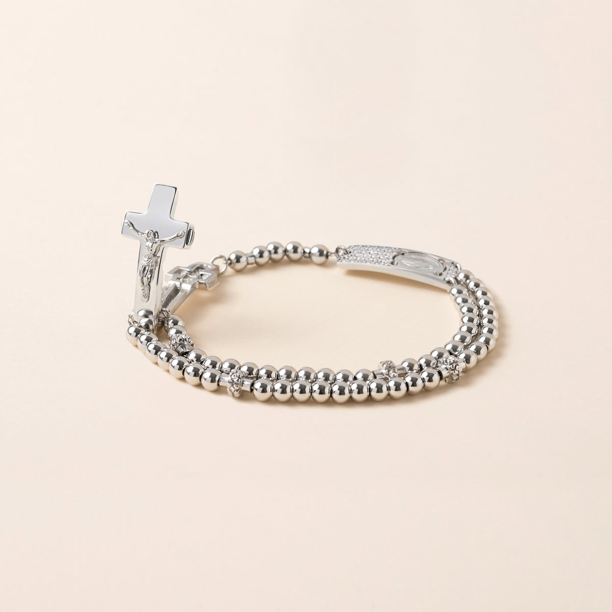 ROSALET® ROUND RHODIUM BEADS, STERLING SILVER & PAVE PATER, ROSARY CENTER WITH ZIRCON PAVE, TRADITIONAL