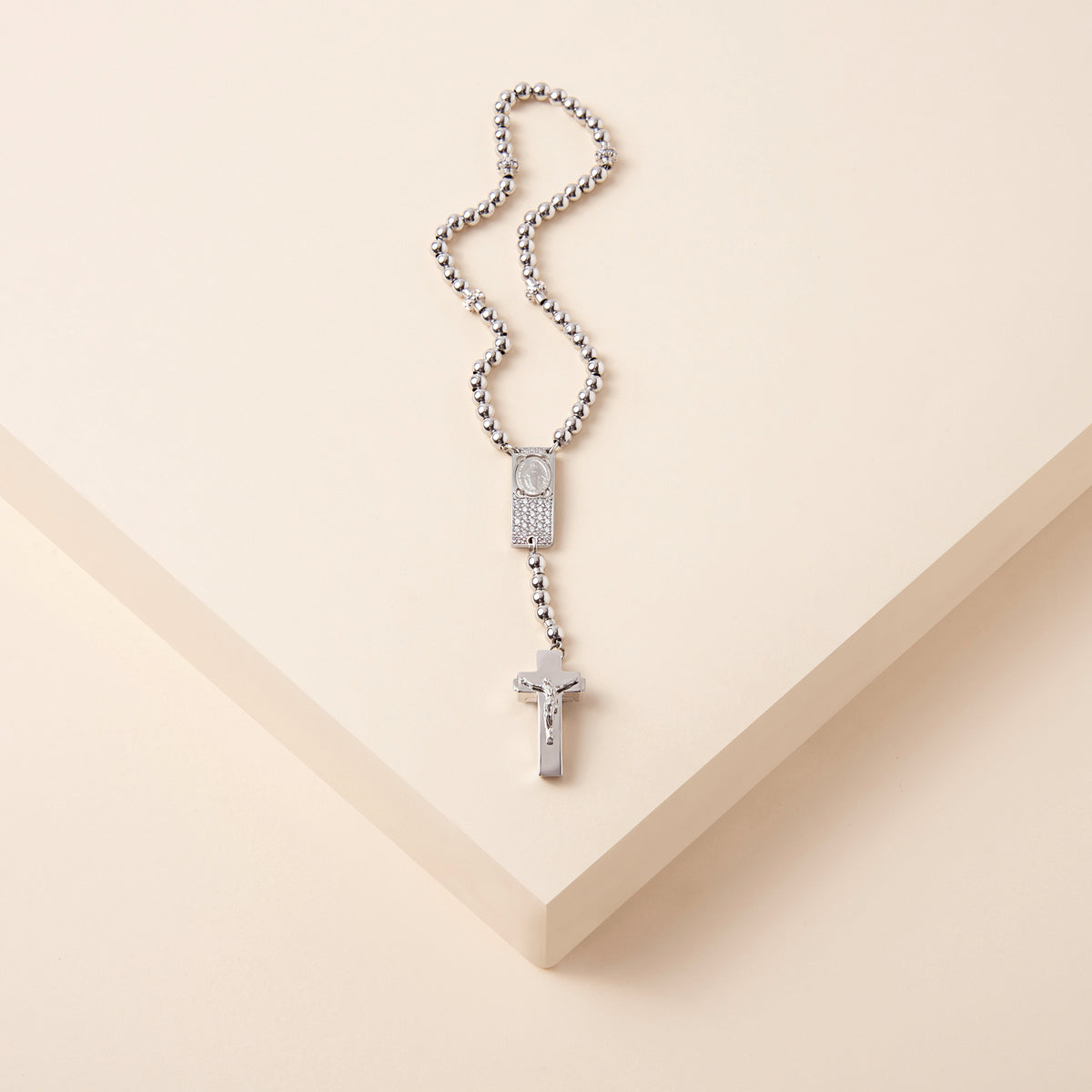 ROSALET® ROUND RHODIUM BEADS, STERLING SILVER & PAVE PATER, ROSARY CENTER WITH ZIRCON PAVE, TRADITIONAL