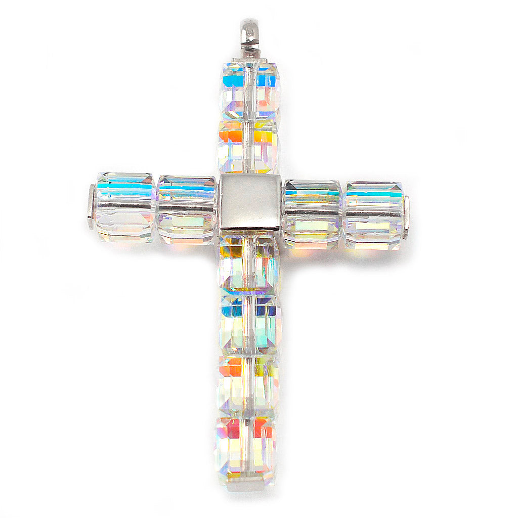 Aurora Borealis Crystal Cross Pendant with Sterling Silver