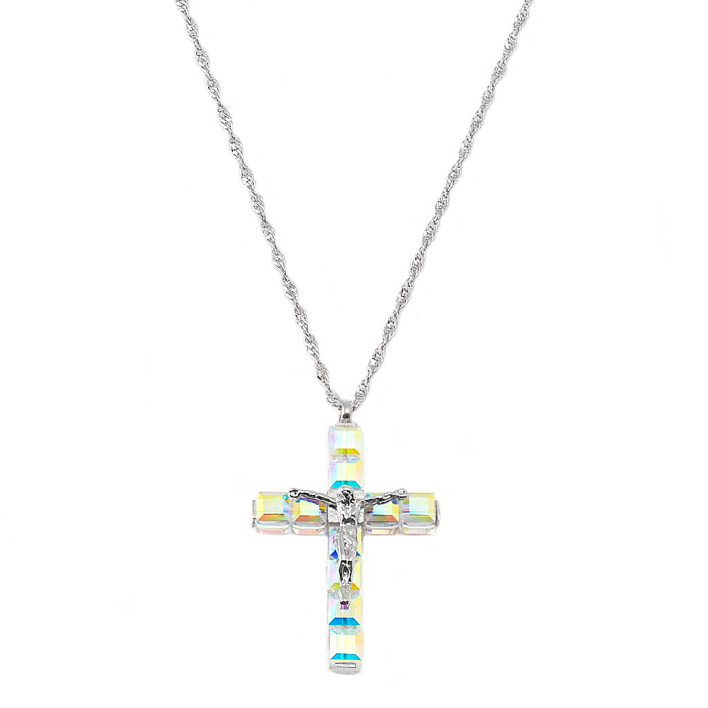 Aurora Borealis Crystal Cross Pendant with Sterling Silver