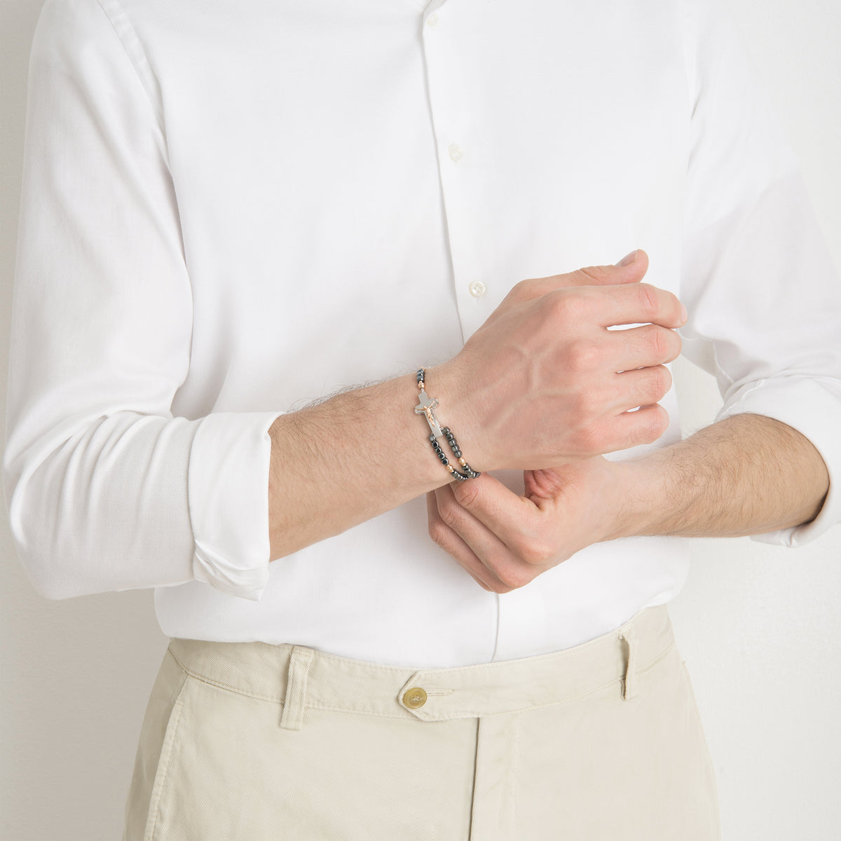 ROSALET® SQUARE POLISHED HEMATITE BEADS, STERLING SILVER & ROSE GOLD PATER, TRADITIONAL