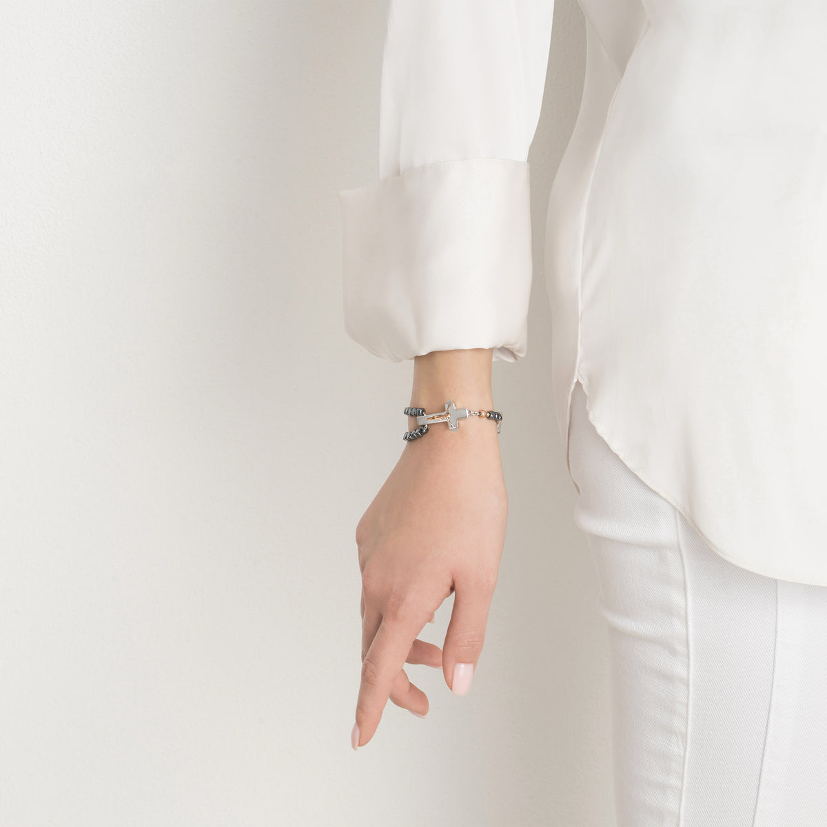 ROSALET® SQUARE POLISHED HEMATITE BEADS, STERLING SILVER & ROSE GOLD PATER, TRADITIONAL