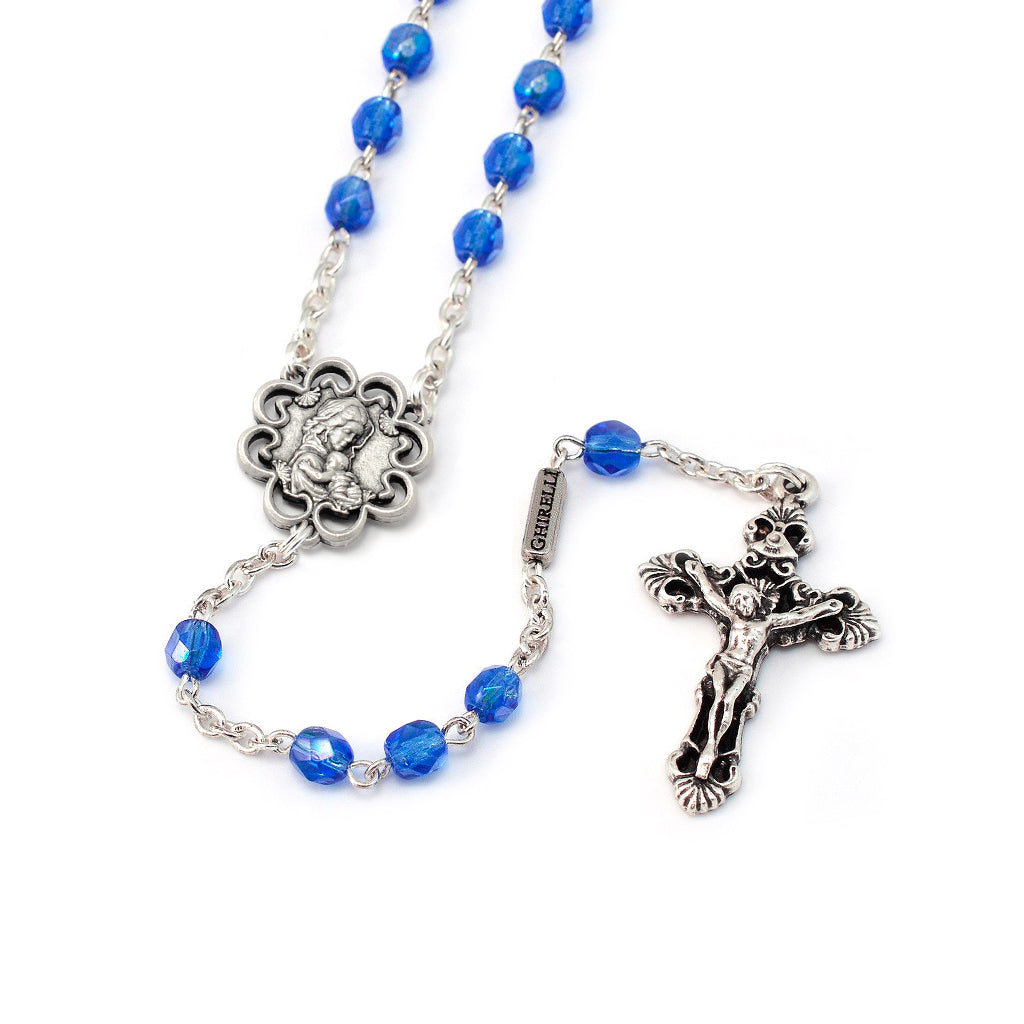Mary&#39;s Motherly Love Collection Blue &amp; Silver Rosary - 5mm