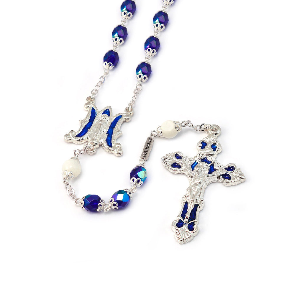 Annunciation Rosary, Silver &amp; Blue Faceted Bohemian Glass