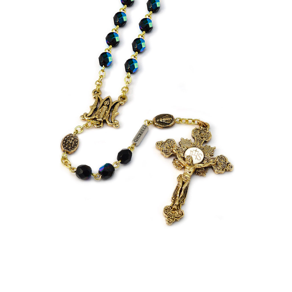 Miraculous Medal Blue Aurora Borealis Crystal & Gold Rosary