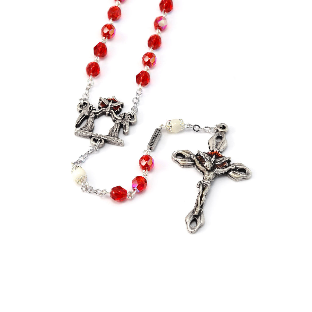 Holy Spirit Red Faceted Glass & Silver Rosary