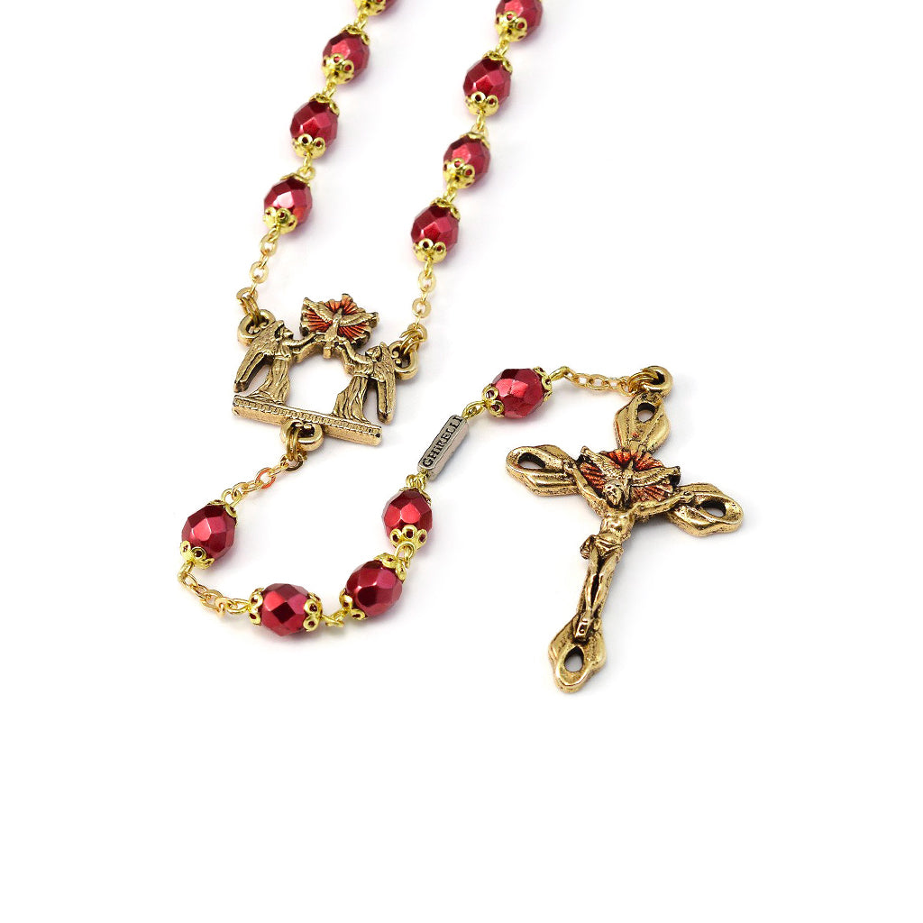 Holy Spirit Faceted Red Glass and Gold Rosary