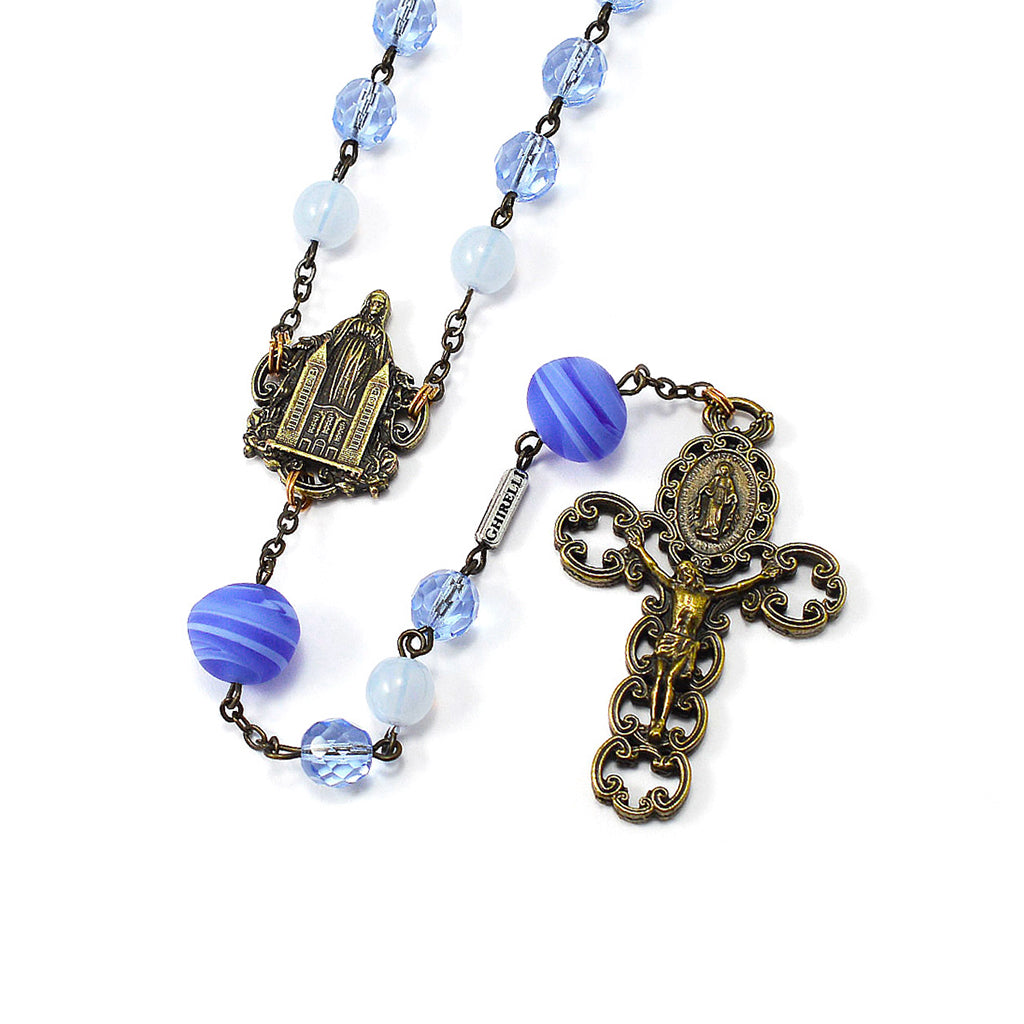 Medjugorje Queen of Peace Rosary with Genuine Murano Bead, Blue