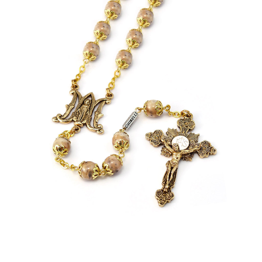 Annunciation Gold Rosary, Cream Bohemian Glass