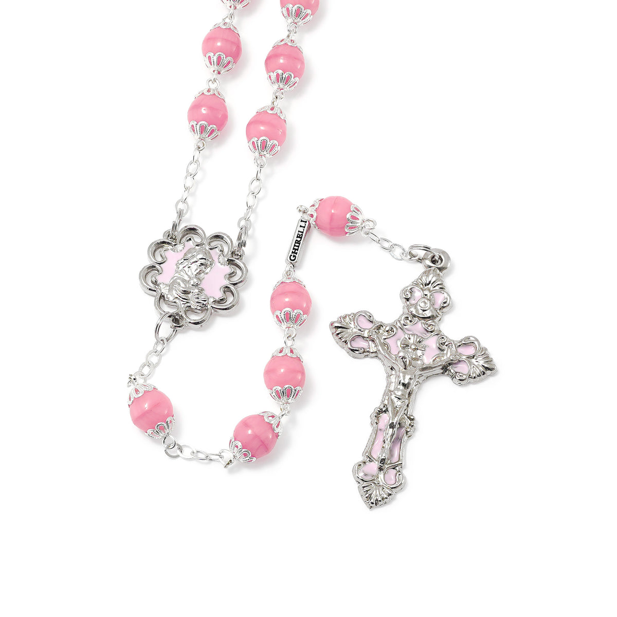 Mary's Motherly Love Collection Blush &amp; Silver Rosary - 8mm