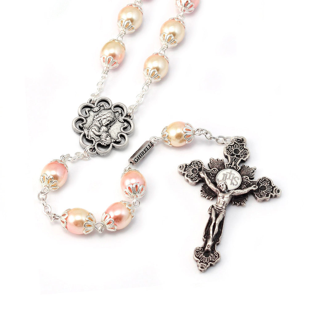 Mary&#39;s Motherly Love Collection Blush &amp; Silver Rosary - 8mm