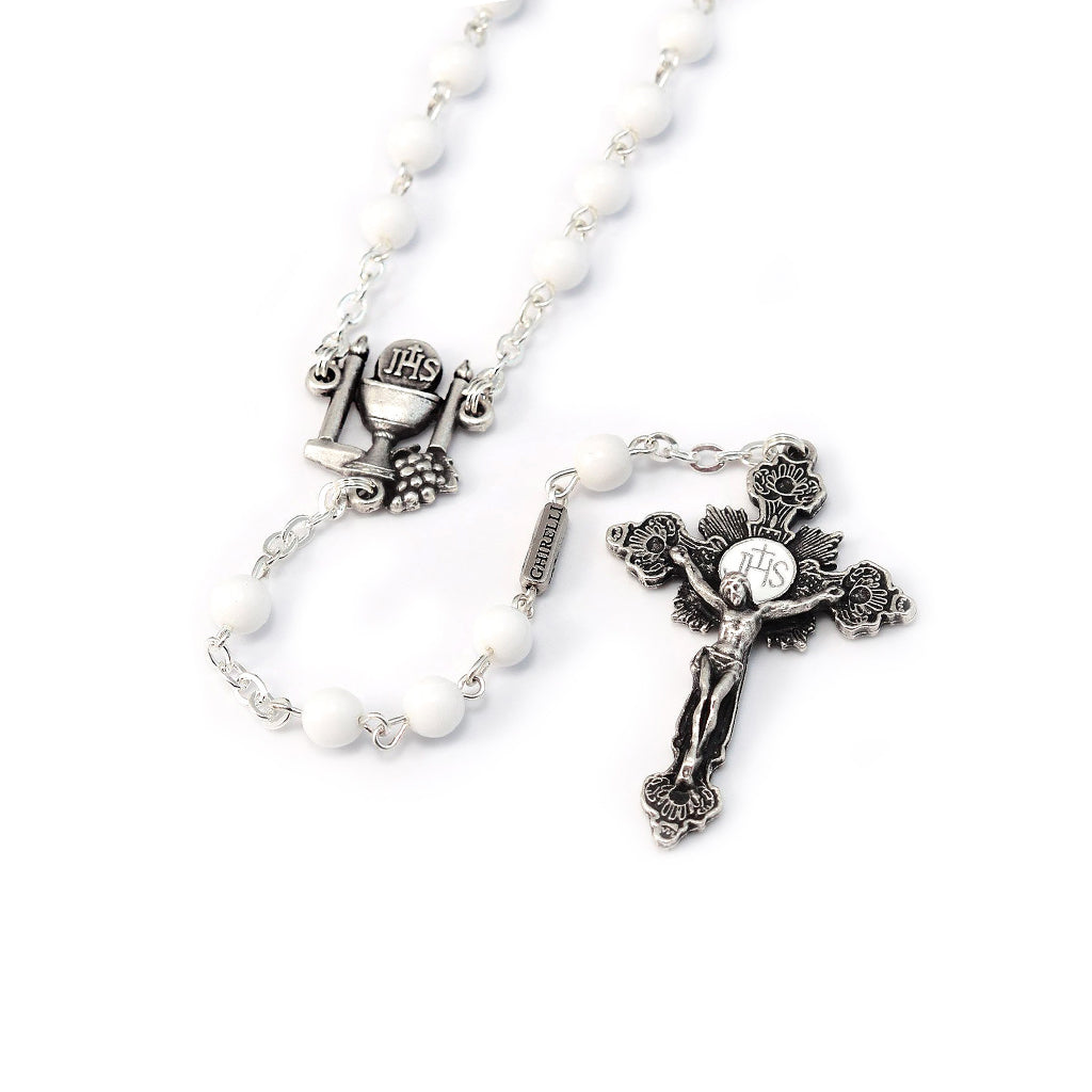 Holy Communion Pure White & Silver Rosary