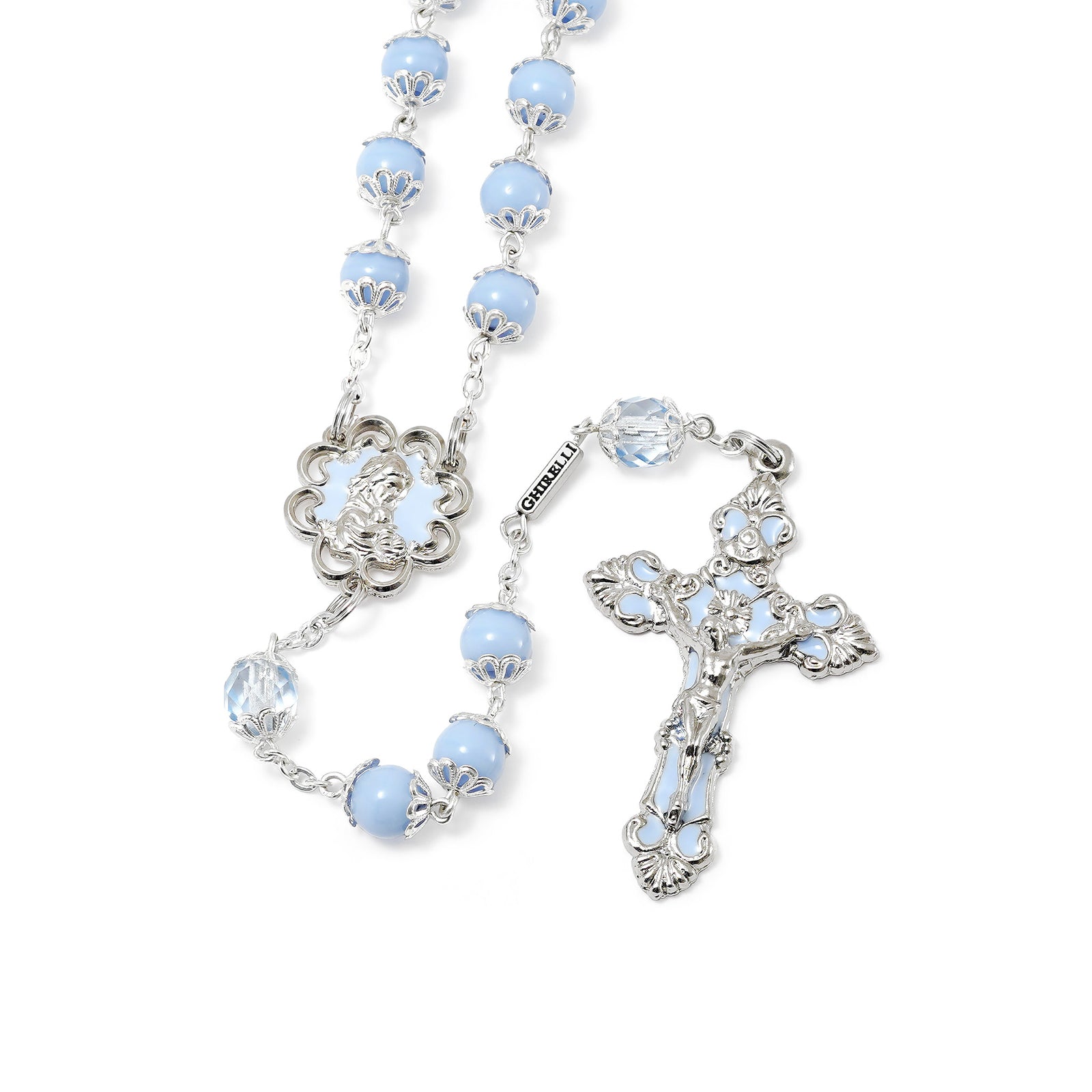 Mary's Motherly Love Collection Sky & Nickel Rosary with Silver Caps