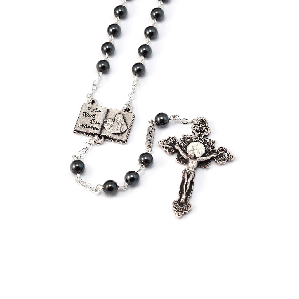 Holy Communion Book of Life Hematite &amp; Silver Rosary