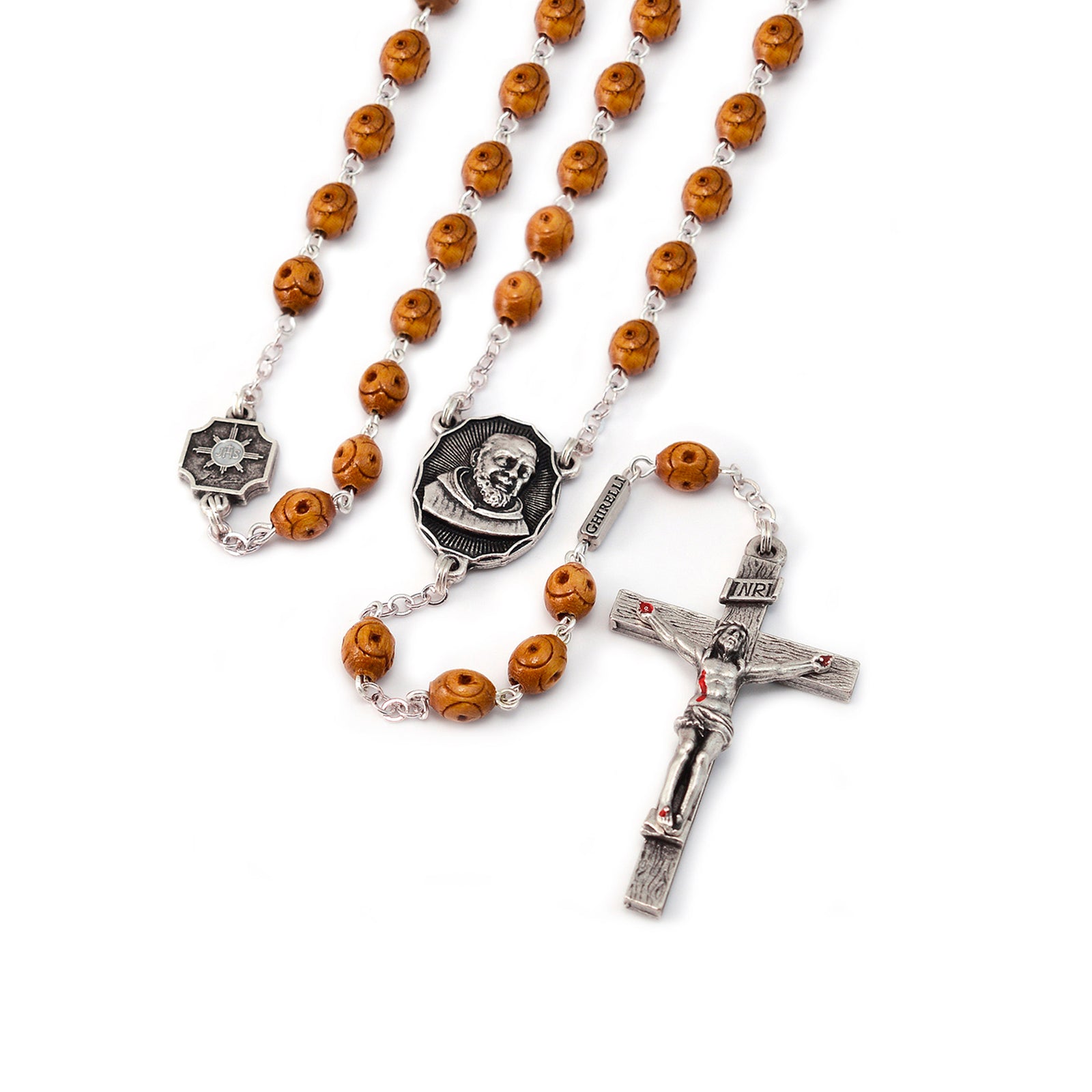 Saint Pio of Pietrelcina Rosary in Antique Silver with Wood Beads