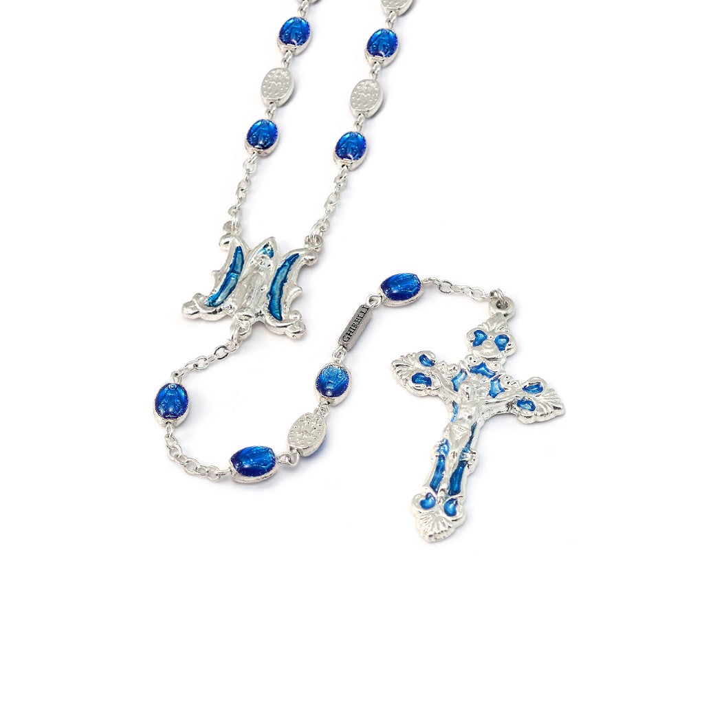 White and Blue Prayer Bead Rosary Necklace with Miraculous Medal Cente  レディースアクセサリー