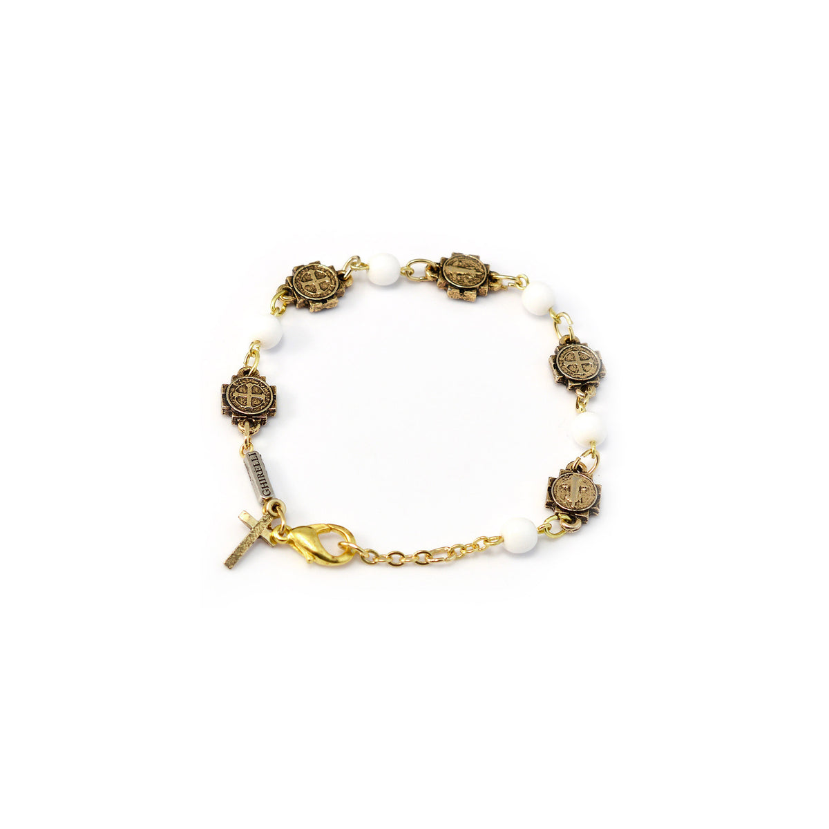 A gold-colored bracelet with glass beads and a cross pendant, featuring an antique gold plated finish.